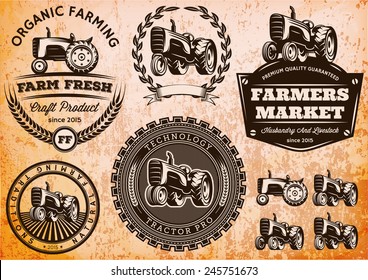 set of vector labels with a tractor for livestock and crop