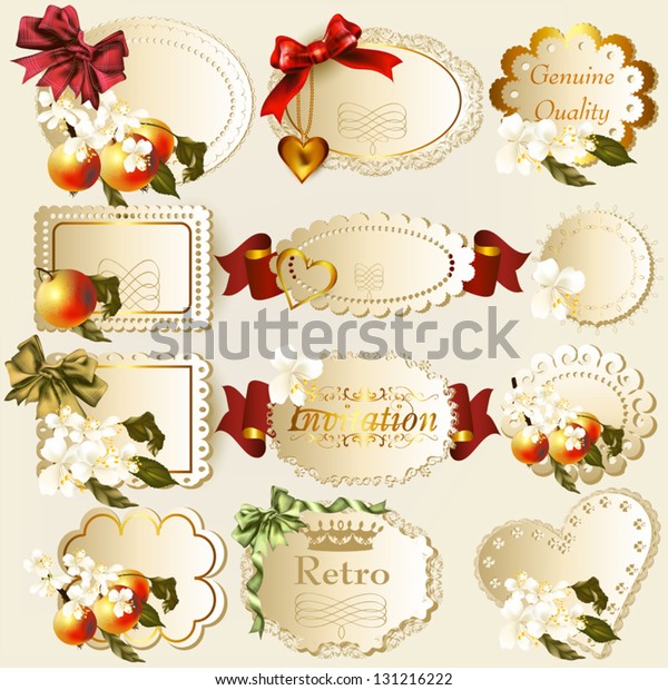 Set of vector labels in vintage Victorian style\
with flowers and apples