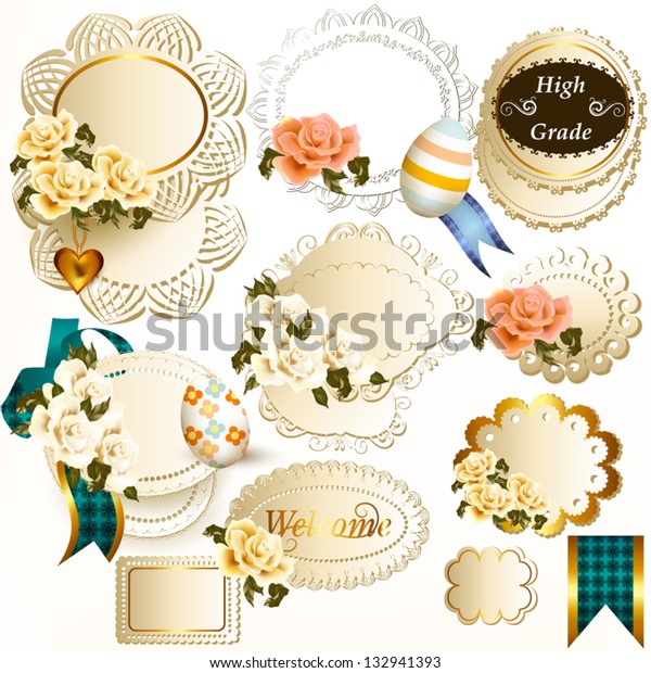 Set of vector labels in vintage Victorian style\
with roses flowers