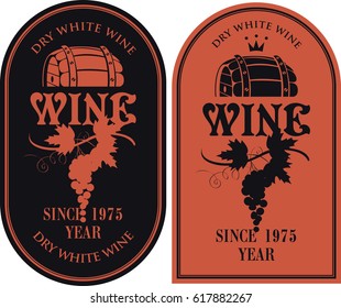 set of vector labels for wine with barrel and bunch of grapes in retro style in red and black colors