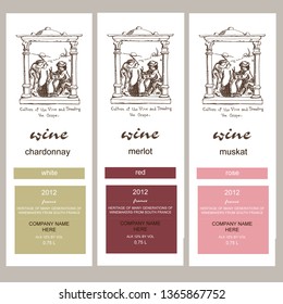 set of vector labels for wine with winemaking ink pen vintage drawing. Red merlot, white and pink wine sorts and grapes