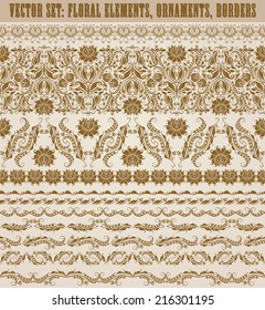 Set of vector lace pattern, decorative elements, borders for design. Seamless damask ornament. Page decoration.