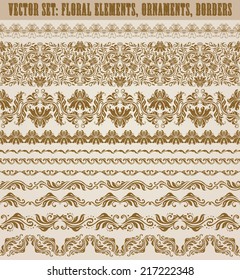 Set of vector lace pattern, decorative elements, borders for design. Seamless damask ornament. Page decoration.