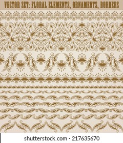Set of vector lace pattern, decorative elements, borders for design. Seamless damask ornament. Page decoration.