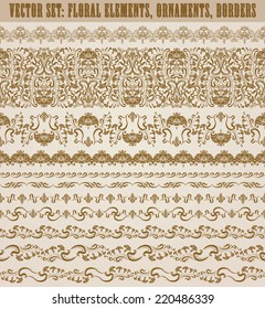 Set of vector lace pattern, decorative elements, borders for design. Seamless damask ornament. Page decoration.