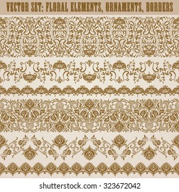 Set of vector lace pattern, decorative elements, borders for design. Seamless damask ornament. Page decoration.