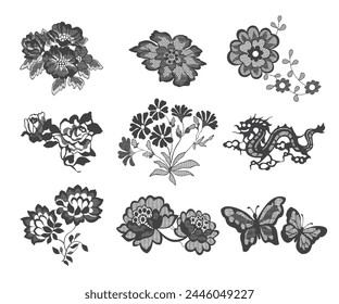 Set of vector lace patterns isolated on blank background.