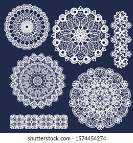 Set of vector lace round ornaments and patterns. Collection of Indian ornamental mandalas. Imitation of needlework design. Decorative floral elements