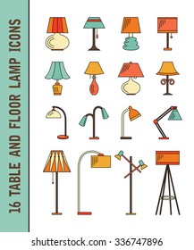 Set of vector lamp icons. Table bulb. Floor illumination. Electricity symbol. Interior line design. Power equipment