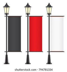 Set of vector lamposts, with black, red and white advertising flags, isolated on a white backgorund. Vertical promotional flag realistic mockups.