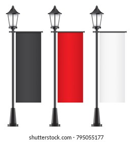 Set of vector lamposts, with black, red and white advertising flags, isolated on a white backgorund. Vertical promotional flag realistic mockups.