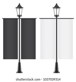 Set of vector lamposts, with black and white advertising flags, isolated on a white backgorund. Vertical promotional double sided flags realistic mockups.