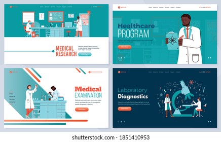 Satz von Vektor-Landing-Page-Vorlagen mit Mitarbeitern im Krankenhauslabor für klinische Analysen, Diagnose und medizinische Untersuchungen. Medizinische und pharmazeutische Forschung