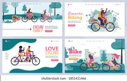 Set of vector landing page templates with married or loving couples riding bikes together outdoors. Romantic relationship, family leisure, walks in park or in nature at summer.