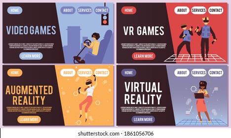 Satz von Vektorlandeseiten Vorlagen mit Konzept virtuelle erweiterte Realität. Menschen, die mit Computertechnologien, Videospielsimulationen spielen, lernen, Sport treiben oder unterhalten.