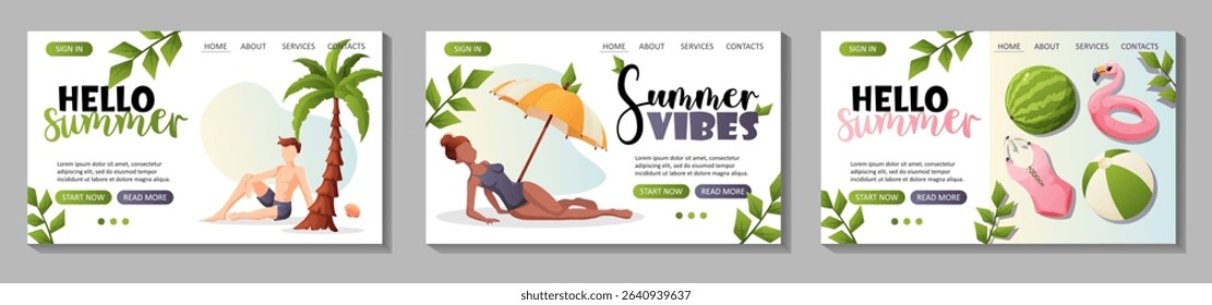 A set of vector landing page templates with summer characters, palm trees, beach items, and texts like “Hello Summer” and “Summer Vibes”. Ideal for websites, landings, and seasonal use.
