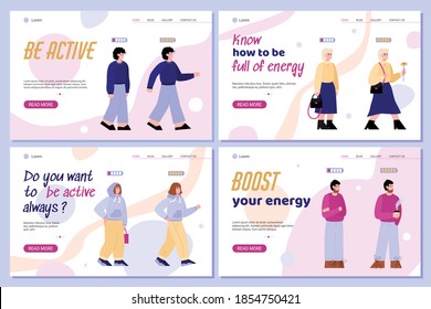 Set of vector landing pages templates with people tired and energetic. Battery icon with an indicator showing low and high energy levels. Cheerful, boost and active lifestyle.