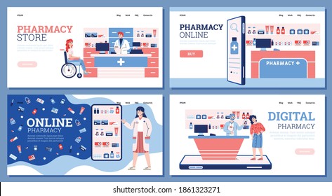A set of vector landing pages templates for app of online pharmacy store. Buyers distance selects and buys drugs and medications using smartphone. Medicine ordering via internet.