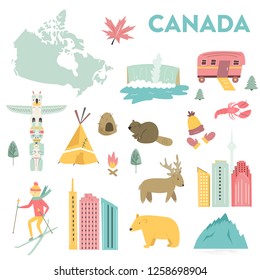 Set of vector landmarks, icons, symbols, cities of Canada