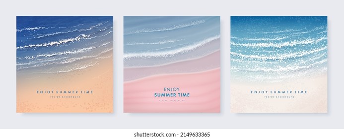 Set of vector landscape background. Beautiful illustration of sandy summer beach. Summer holidays poster or banner design template