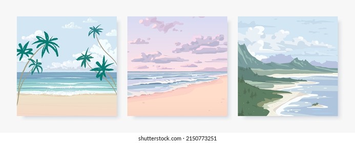 Set of vector landscape background. Beautiful illustration of sandy summer beach. Summer holidays poster or banner design template