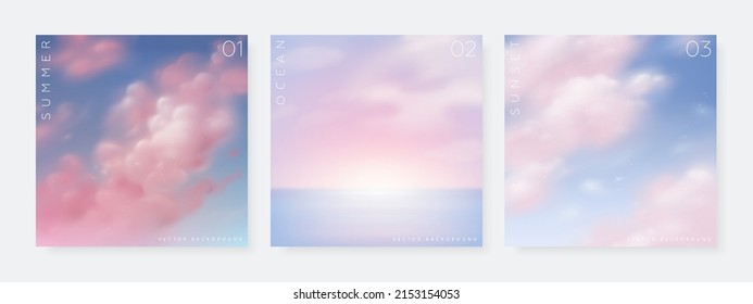 Set of vector landscape background. Beautiful illustration of summer beach, sky and clouds. Summer holidays poster or banner design template