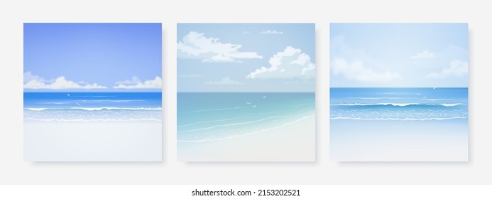 Set of vector landscape background. Beautiful illustration of sandy summer beach. Summer holidays poster or banner design template