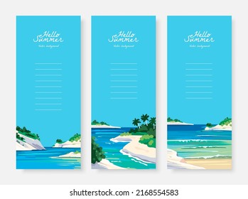 Set of vector landscape background. Beautiful illustration of sandy summer beach. Summer holidays vertical banner design template