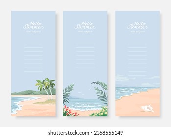 Conjunto de fondo de paisaje vectorial. Hermosa ilustración de la playa de verano arenosa. Plantilla de diseño de banners verticales de vacaciones de verano