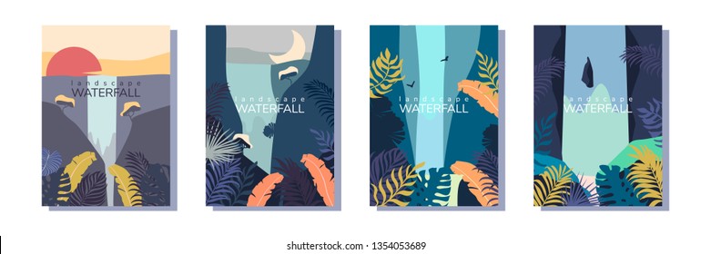 Set of vector landscape with waterfall. Eps 10.