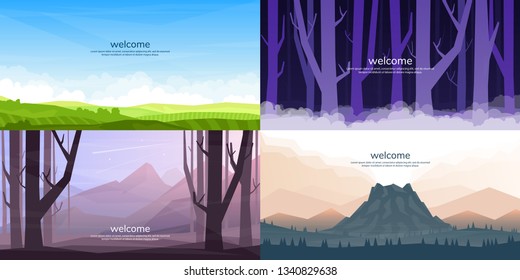 A set of vector landscapes in a flat style. Night forest, field, volcano and mountains. Colored wallpapers in a polygonal style with the words "welcome"