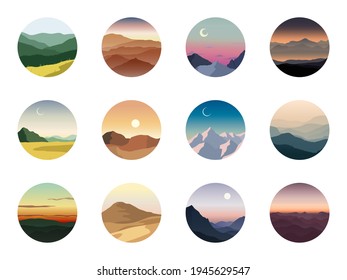 Set of vector landscapes icons. Symbols of nature and travel: fields, mountains, desert, hills, sunset, dawn. Flat illustration for labels, logo, badges or emblems