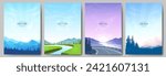 Set of vector landscapes. Mountain peaks and forest, a river flowing through a green valley, highway, sunrise in the mountains. Design of a poster, postcard, greeting card, wallpaper, cover. 