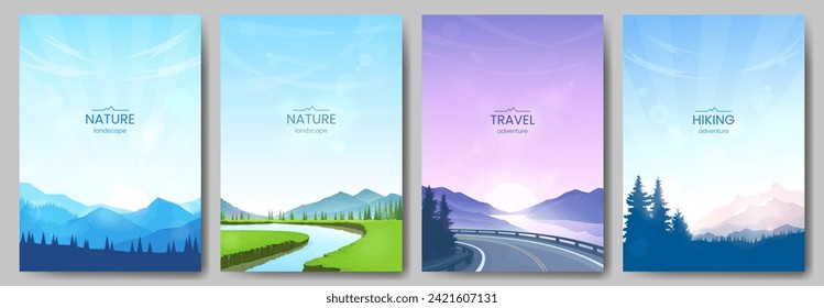 Conjunto de paisajes vectoriales. Picos y bosques de montaña, un río que fluye a través de un valle verde, autopista, amanecer en las montañas. Diseño de un afiche, postal, tarjeta de saludo, fondo de pantalla, portada. 