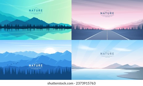 A set of vector landscapes. Mountains near water, road between mountains, lake or river with gentle banks, mountain ranges. Design for cover, poster, brochure, flyer, web background. 