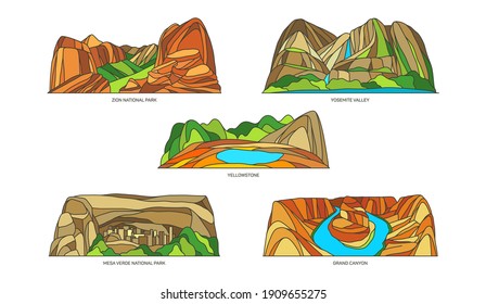 Set von Vektorlandschaften für die US-Zeichen. Zion Nationalpark und Yosemite Tal, Yellowstone und mesa verde, Grand Canyon. Die Vereinigten Staaten von Amerika Sehenswürdigkeiten. Amerikanische Berge und Natur