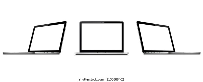 Set of vector laptops with blank screen isolated on white background. Perspective and front view with blank screen.