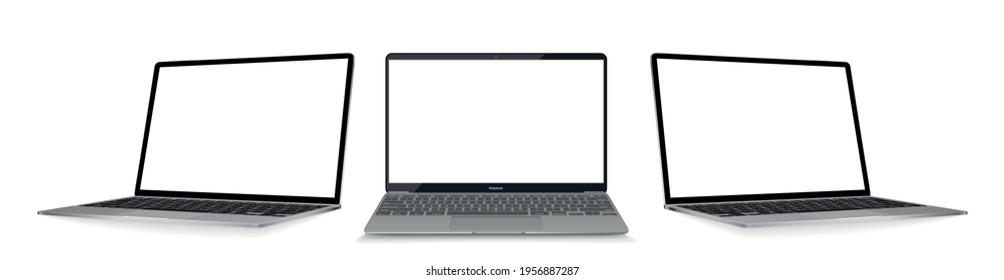 Set of vector laptops with blank screen isolated on white background. Perspective and front view with blank screen.