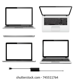 Set of vector laptops with blank screen in different positions