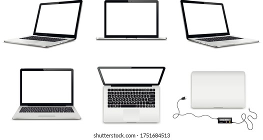 Set of vector laptops with blank screens in different positions