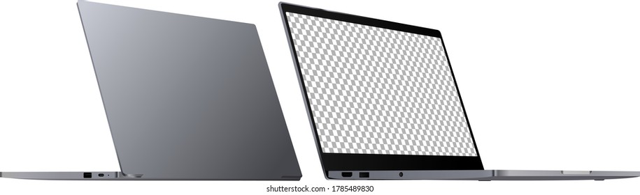 Set of vector laptops with blank transparent screen isolated on transparent background. Perspective front and back view.