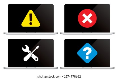 Set of vector laptops with warning signs. Notebooks showing different error icons, isolated on a white background.