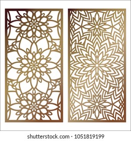 Set of Vector Laser cut panel. Pattern template for decorative panel. Wall panels or partition. Jigsaw die cut ornaments. Lacy cutout silhouette stencils. Fretwork floral patterns with mandala