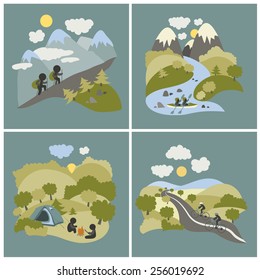 Set of vector lat style outdoor leisure pictures. Journey by kayak, cycling trip and mountain hiking.