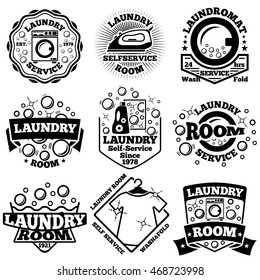 Set of Vector Laundry badges. With bubbles, laundromat, detergent etc.
