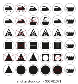 Set of vector laundry and washing symbols. Vector Illustration. Laundry icons vector set. Washing symbols isolated on white background. Cleaning black signs.