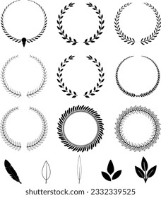 Set of vector laurel patterns, with leaves of different shapes and feathers. Used in logo design or as a design element.