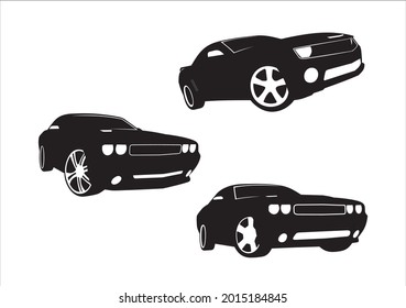 a set of vector layouts of black silhouettes of cars.  Top to bottom (Chevrolet camaro, Dodge-Challenger).