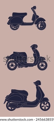 set of vector layouts in vintage style, with contour lines and color. Get into the retro vibe with individual moped images to give your project a unique vintage charm and style.