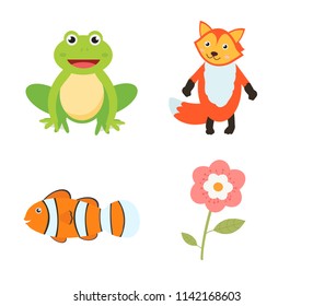 Set of vector for learning and education English vocabulary in children. Words of letter F which is frog, fox, fish and flower.